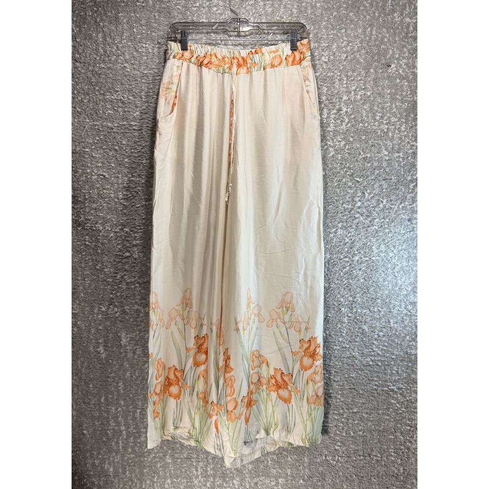 Made in Italy Silk Blend Palazzo Wide Pants Beige Floral Pockets S M Boho Preppy